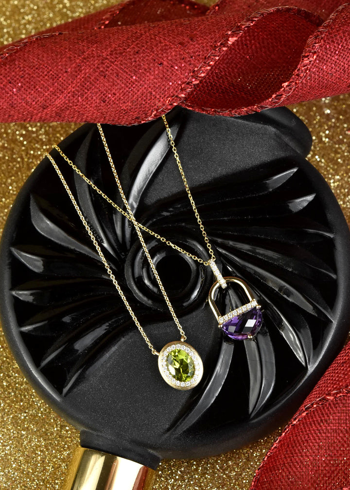 Peridot and Diamond Halo Necklace 14k Gold - Goldmakers Fine Jewelry