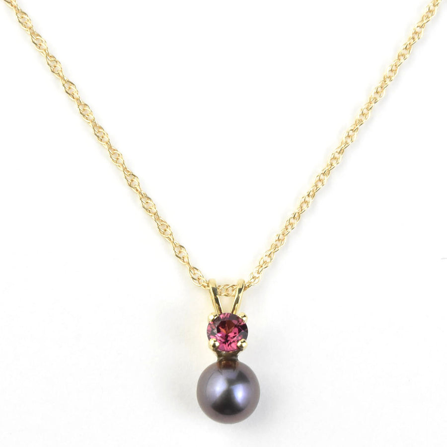 Fine Black Pearl and Garnet Pendant Necklace in Yellow Gold - Goldmakers Fine Jewelry