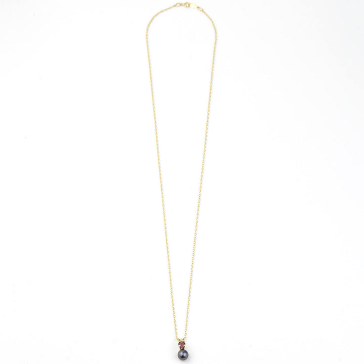 Fine Black Pearl and Garnet Pendant Necklace in Yellow Gold - Goldmakers Fine Jewelry