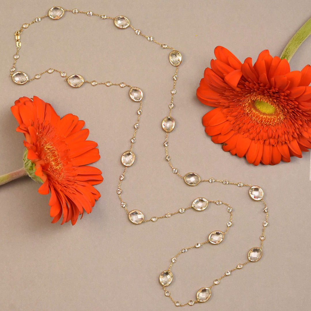 White Topaz Pools of Light Long Necklace in 14k Yellow Gold - Goldmakers Fine Jewelry