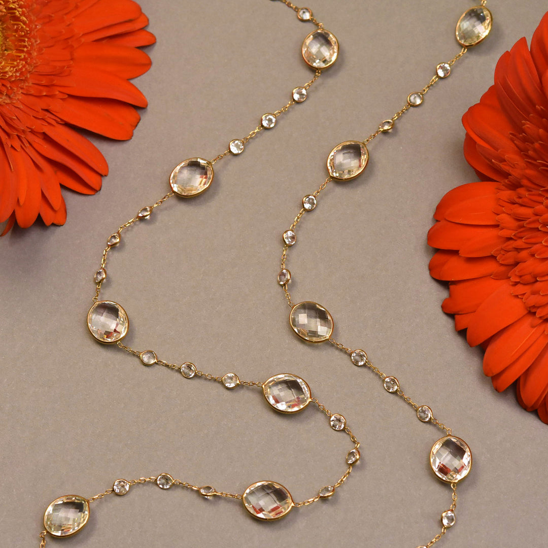 White Topaz Pools of Light Long Necklace in 14k Yellow Gold - Goldmakers Fine Jewelry