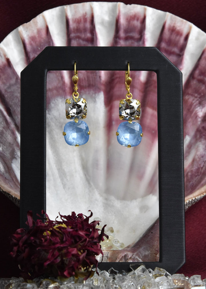 Air Blue & Crystal Two Stone Drops - Goldmakers Fine Jewelry