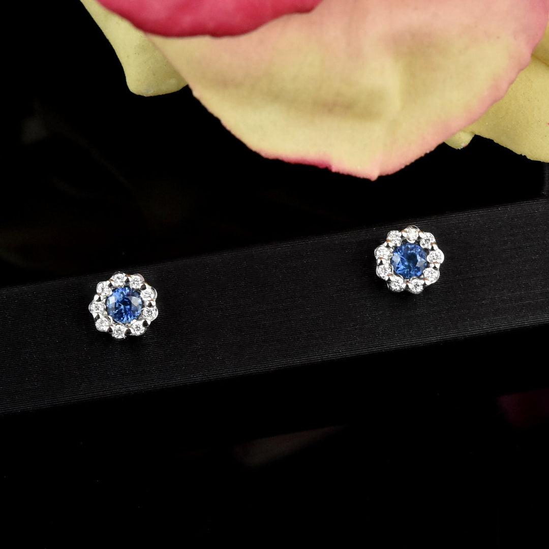 Sapphire and Diamond Floral Halo Studs - Goldmakers Fine Jewelry