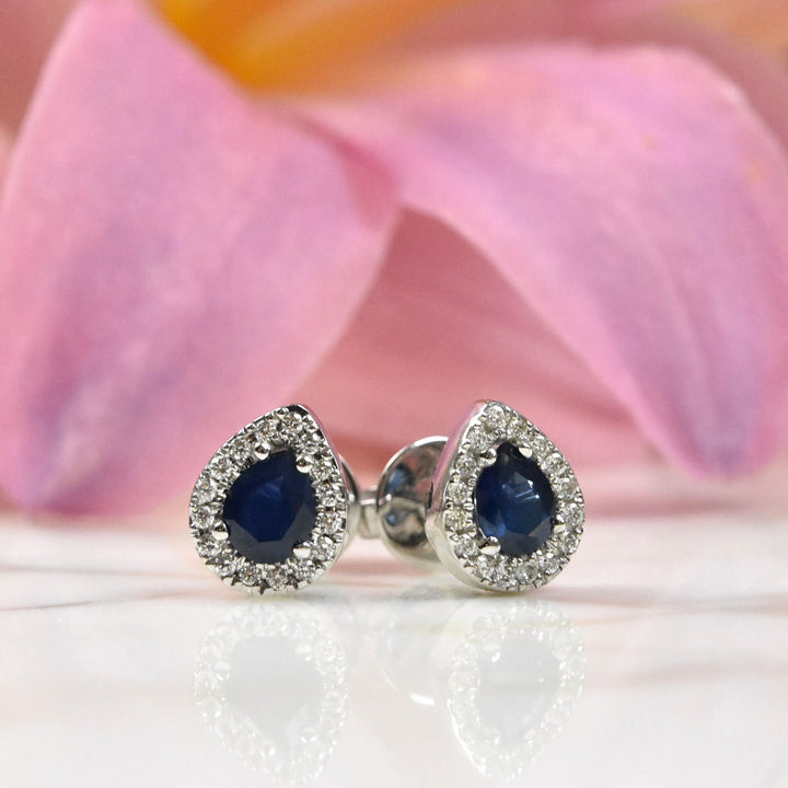 Sapphire and Diamond Halo Studs in White Gold - Goldmakers Fine Jewelry