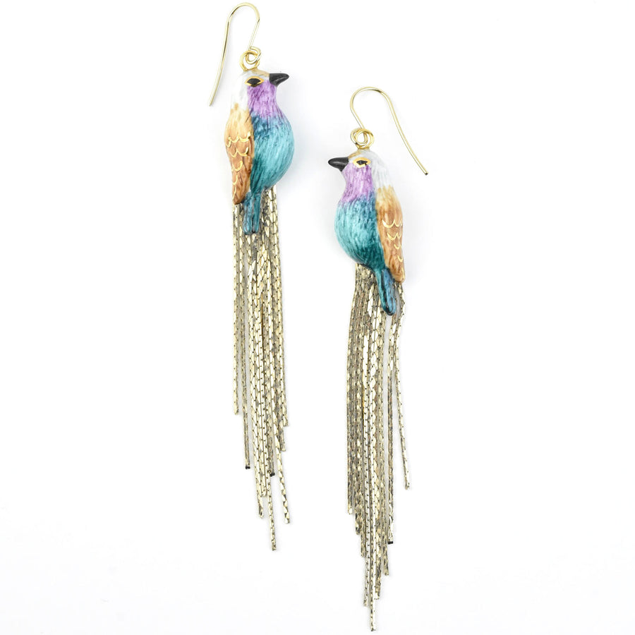 Blue Belly Bird w/ Fringe Earrings - Goldmakers Fine Jewelry