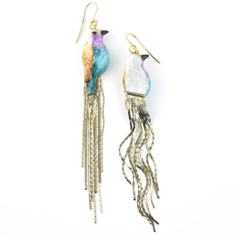 Blue Belly Bird w/ Fringe Earrings - Goldmakers Fine Jewelry