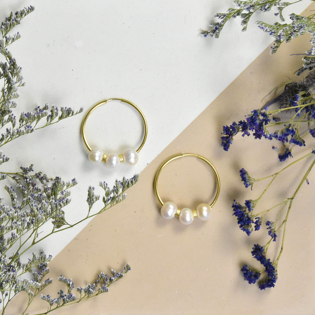 Pearl Hoop Earrings in Gold Tone - Goldmakers Fine Jewelry