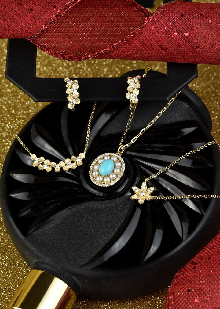 Pearl, Diamond and Turquoise Necklace, 14k Yellow Gold - Goldmakers Fine Jewelry