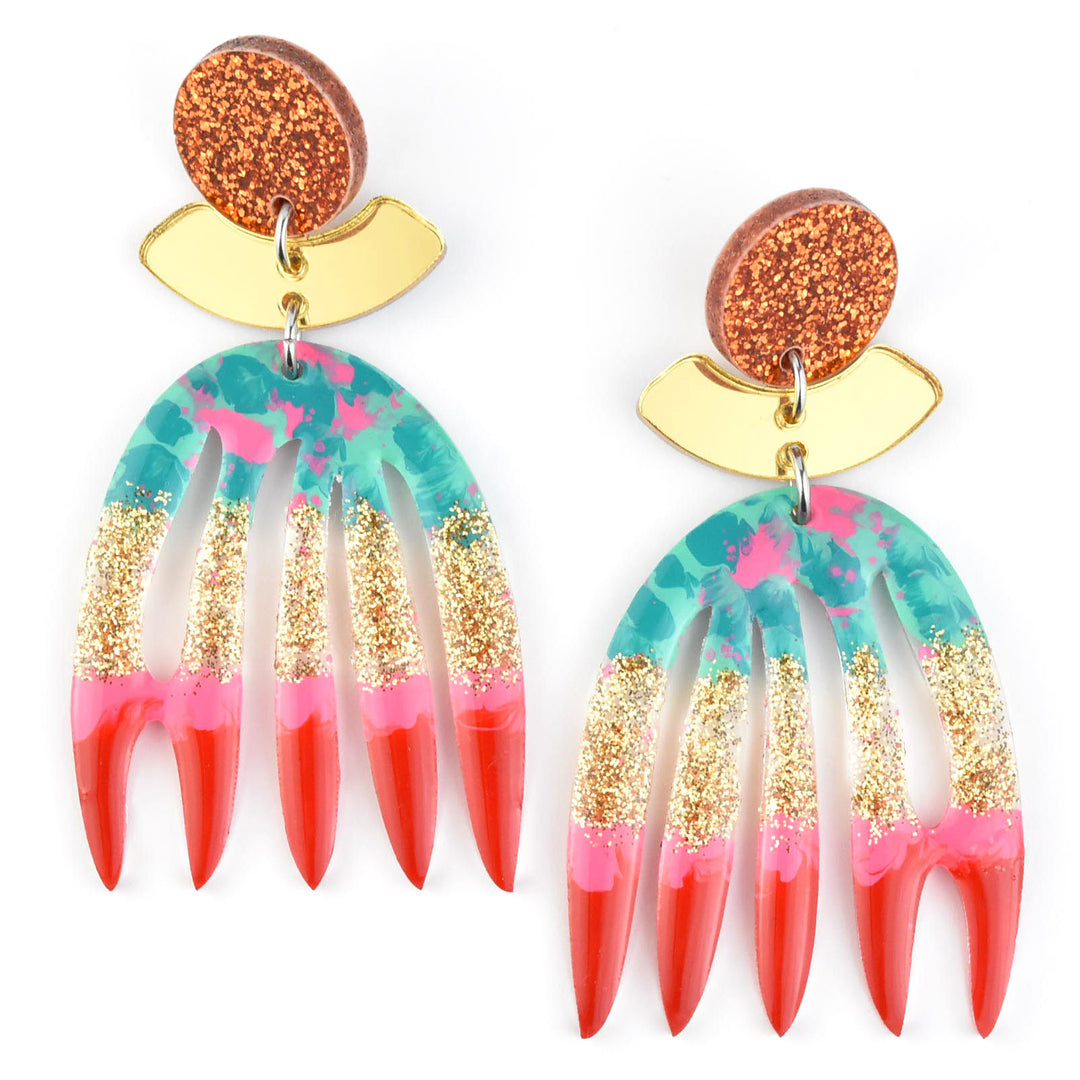 Red, Gold & Copper Abstract Leaf Earrings - Goldmakers Fine Jewelry