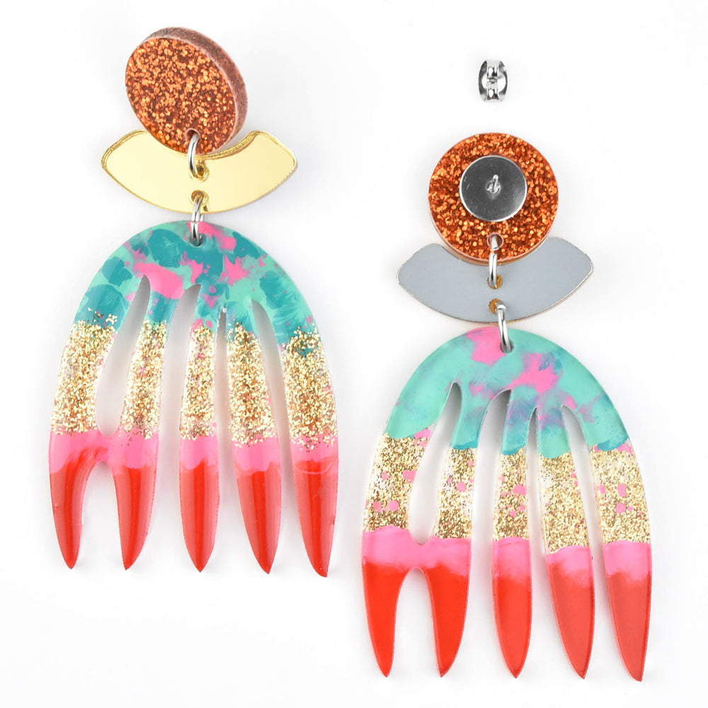 Red, Gold & Copper Abstract Leaf Earrings - Goldmakers Fine Jewelry