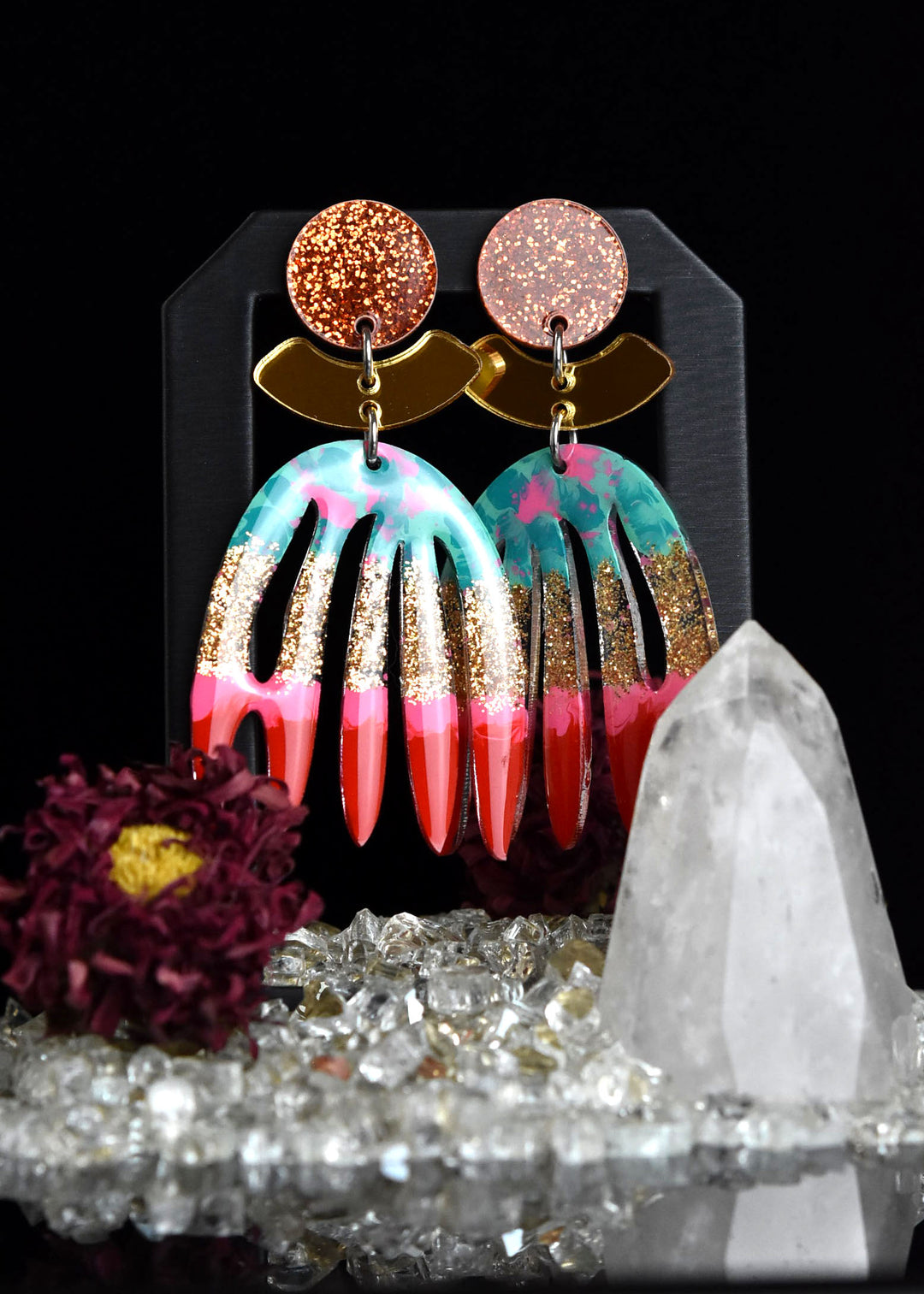 Red, Gold & Copper Abstract Leaf Earrings - Goldmakers Fine Jewelry