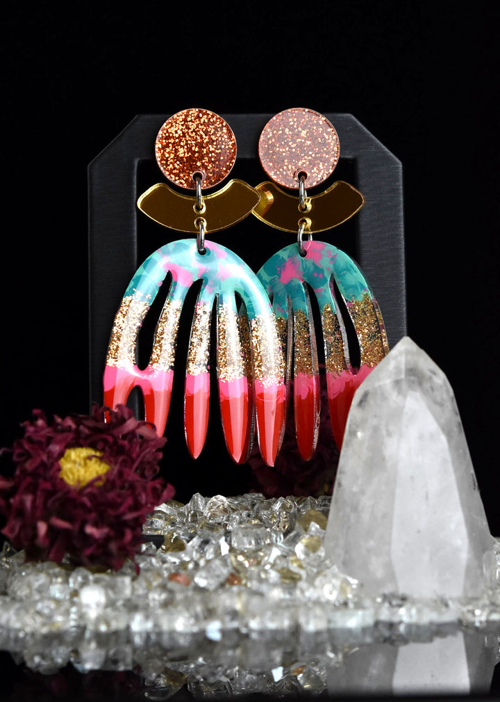 Red, Gold & Copper Abstract Leaf Earrings - Goldmakers Fine Jewelry