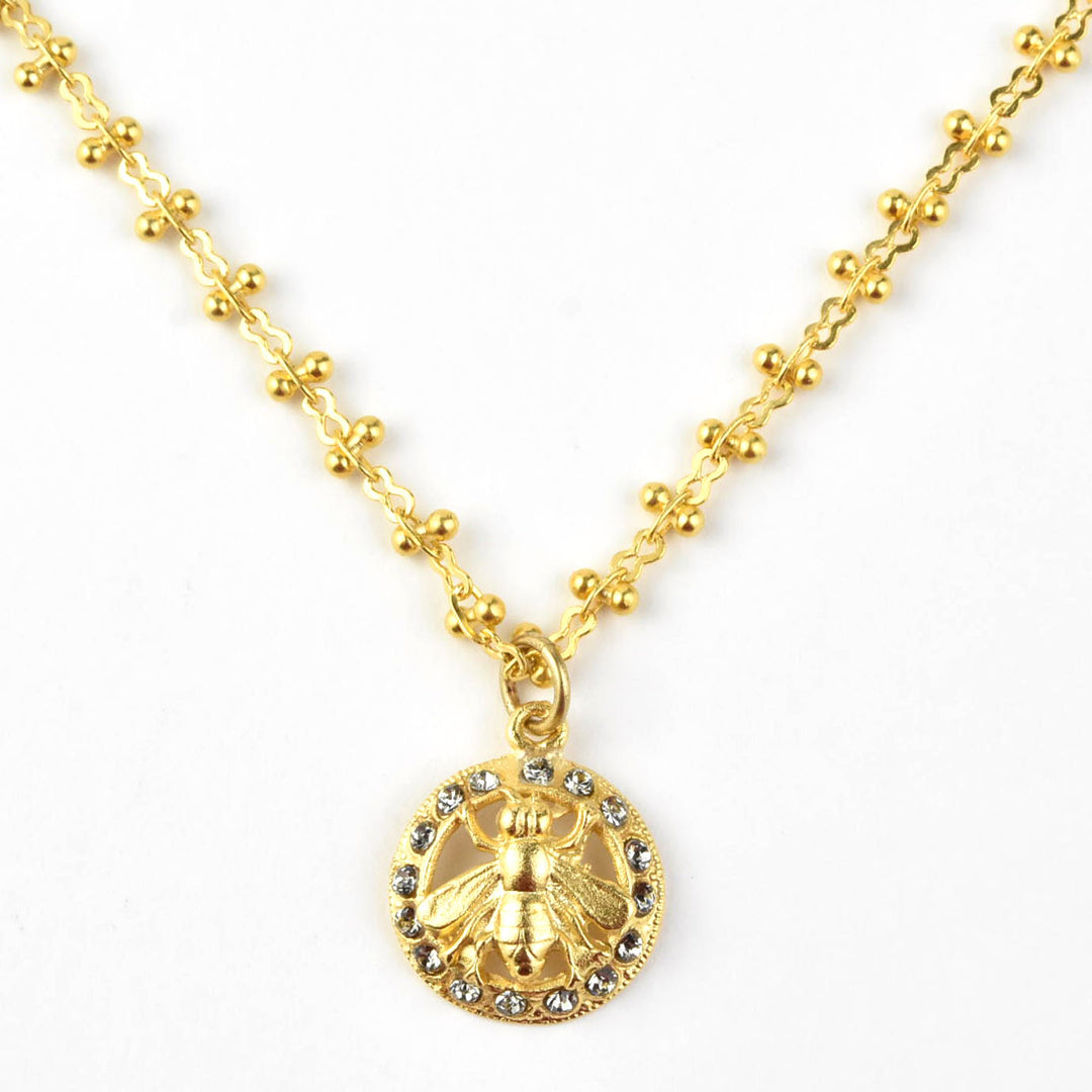 Crystal Halo Bee Necklace Gold Plate - Goldmakers Fine Jewelry