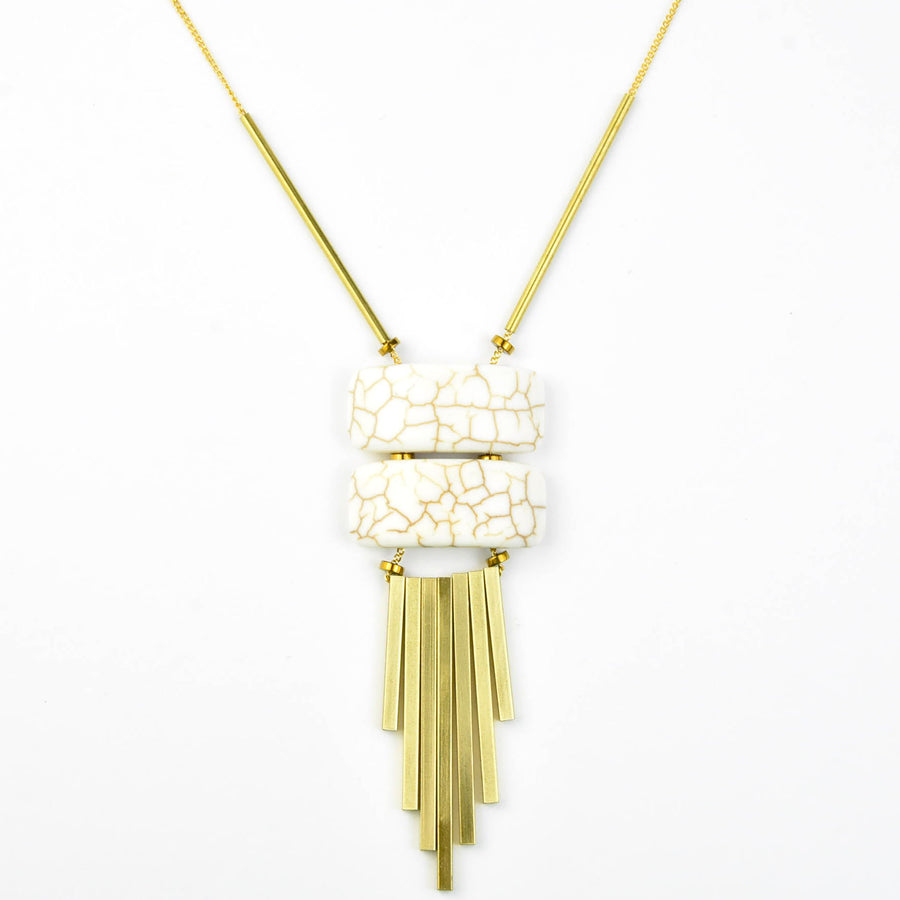 Geometric White Bead and Brass Fringe Necklace - Goldmakers Fine Jewelry