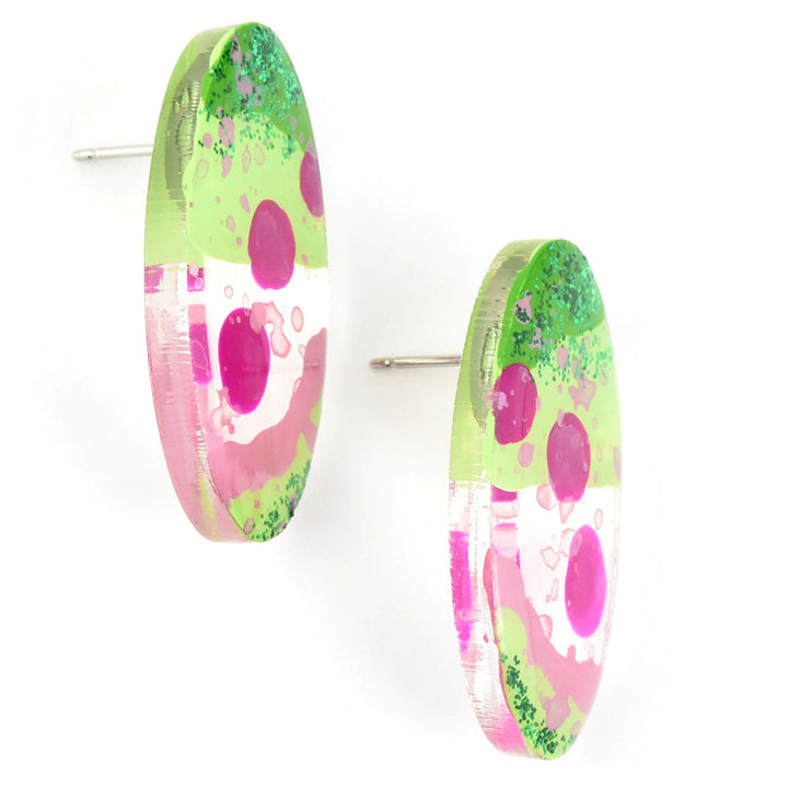 Pink and Green Glitter Oval Studs - Goldmakers Fine Jewelry