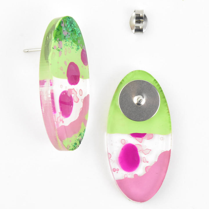 Pink and Green Glitter Oval Studs - Goldmakers Fine Jewelry
