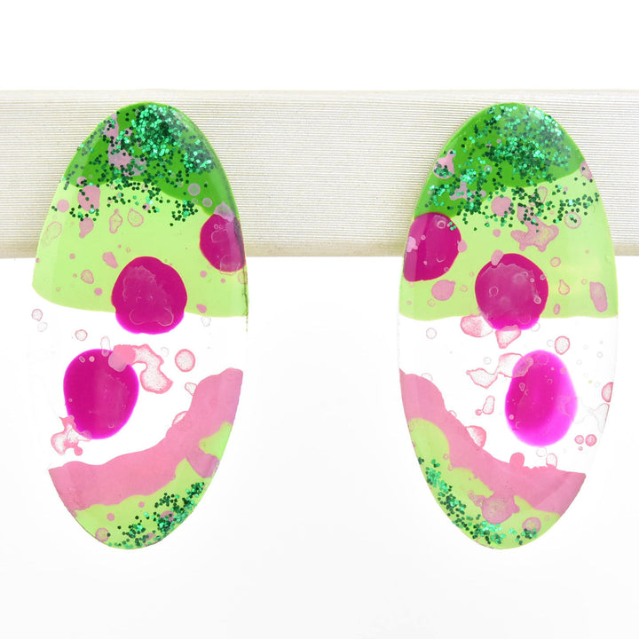 Pink and Green Glitter Oval Studs - Goldmakers Fine Jewelry
