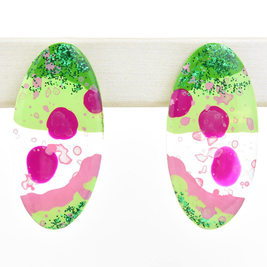 Pink and Green Glitter Oval Studs - Goldmakers Fine Jewelry