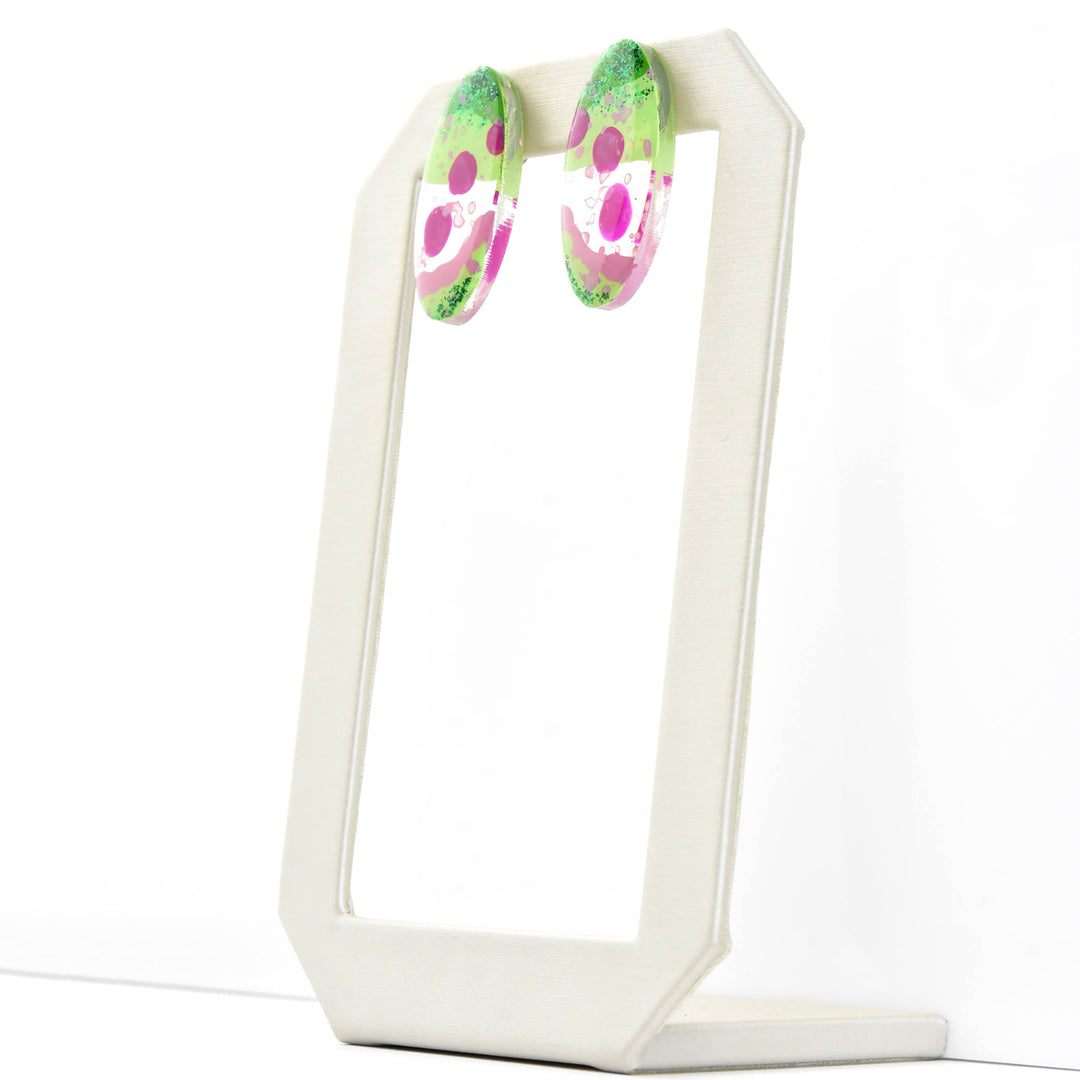 Pink and Green Glitter Oval Studs - Goldmakers Fine Jewelry