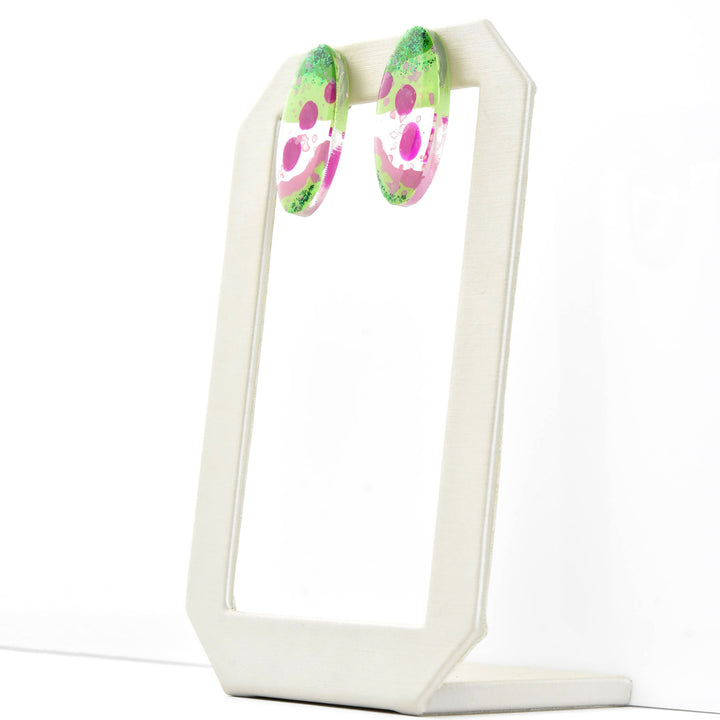 Pink and Green Glitter Oval Studs - Goldmakers Fine Jewelry