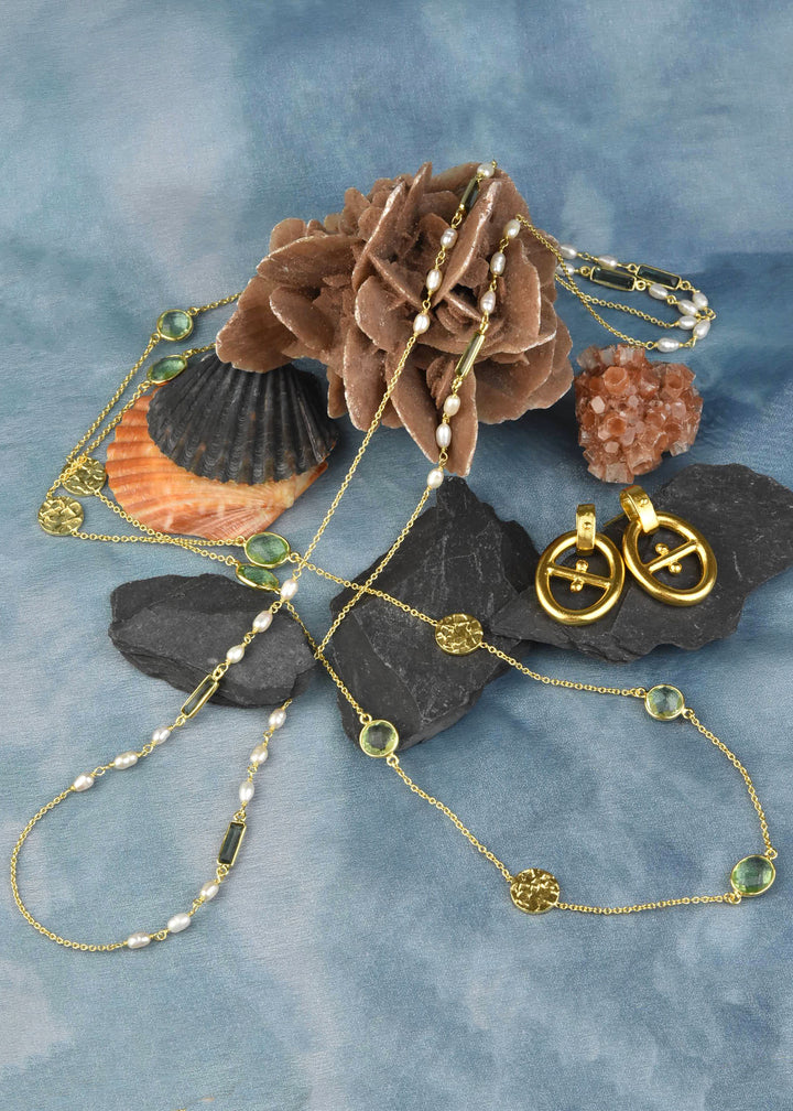 Peal and Green Tourmaline Long Necklace - Goldmakers Fine Jewelry