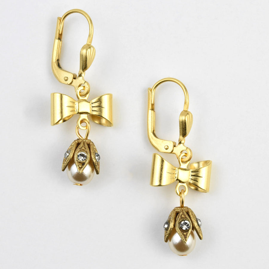 Dainty Bow and Pearl Drop Earrings - Goldmakers Fine Jewelry