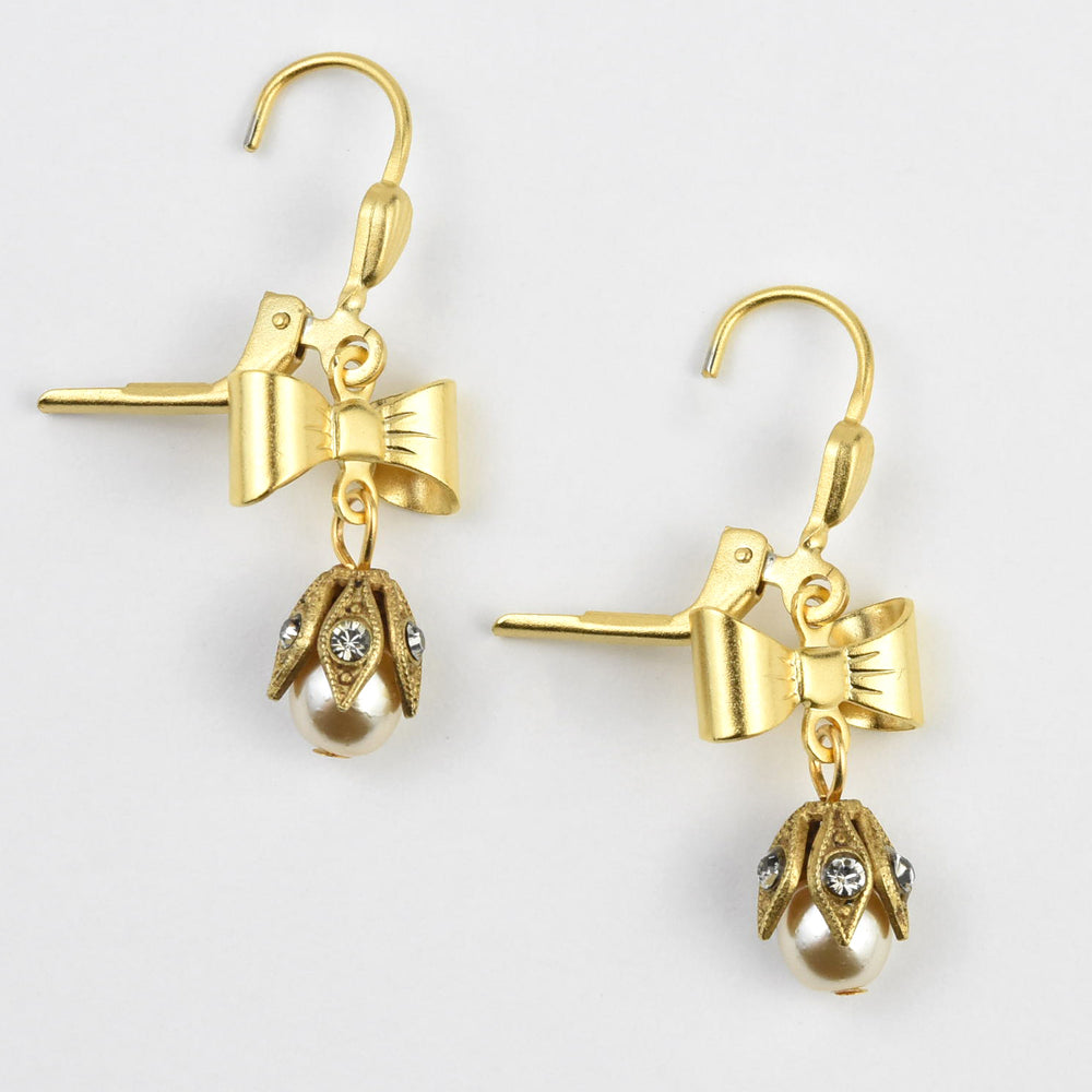 Dainty Bow and Pearl Drop Earrings - Goldmakers Fine Jewelry