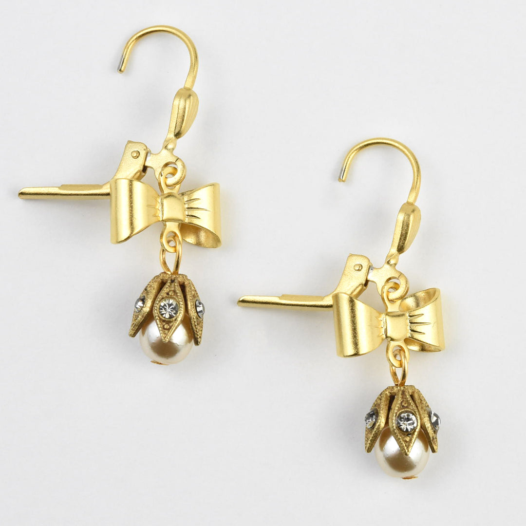 Dainty Bow and Pearl Drop Earrings - Goldmakers Fine Jewelry
