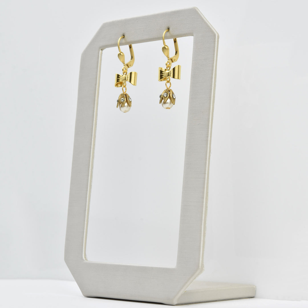 Dainty Bow and Pearl Drop Earrings - Goldmakers Fine Jewelry