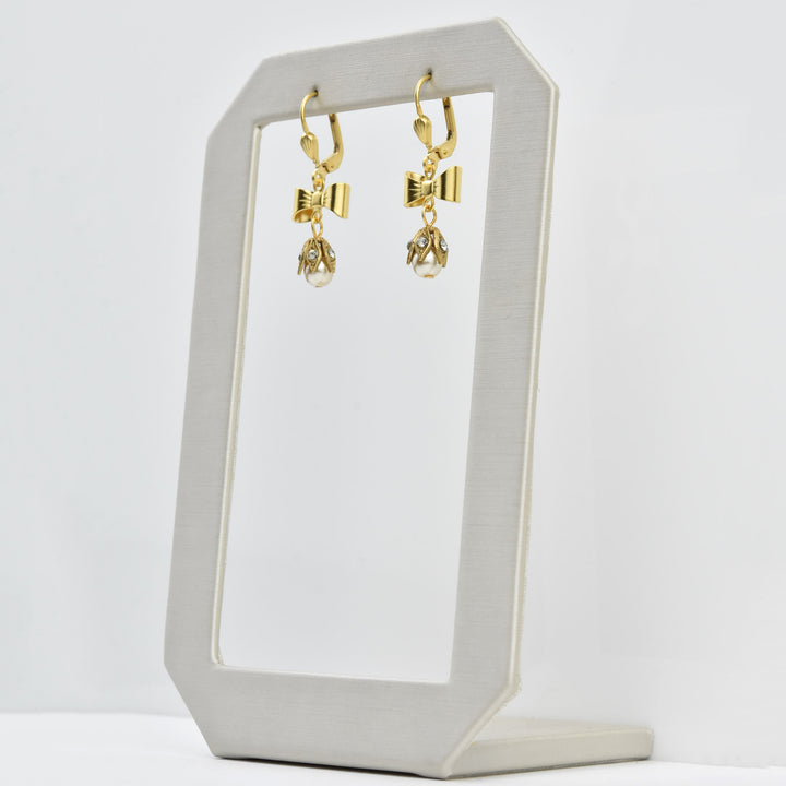 Dainty Bow and Pearl Drop Earrings - Goldmakers Fine Jewelry