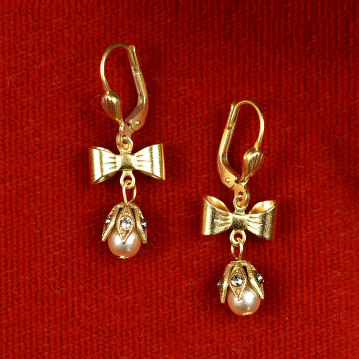 Dainty Bow and Pearl Drop Earrings - Goldmakers Fine Jewelry
