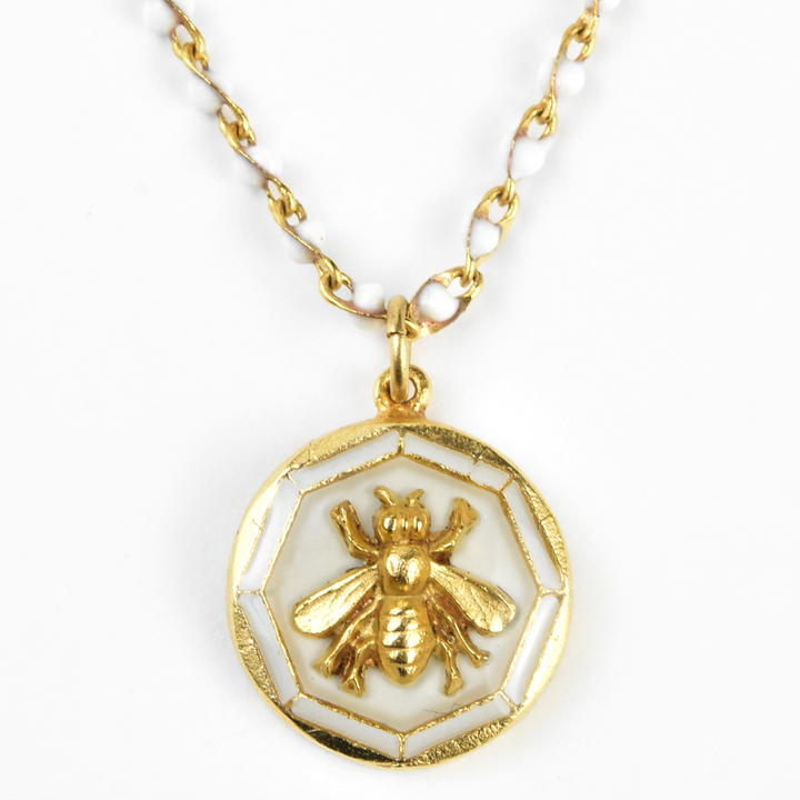White Enamel Bee Necklace w/ Beaded Chain - Goldmakers Fine Jewelry