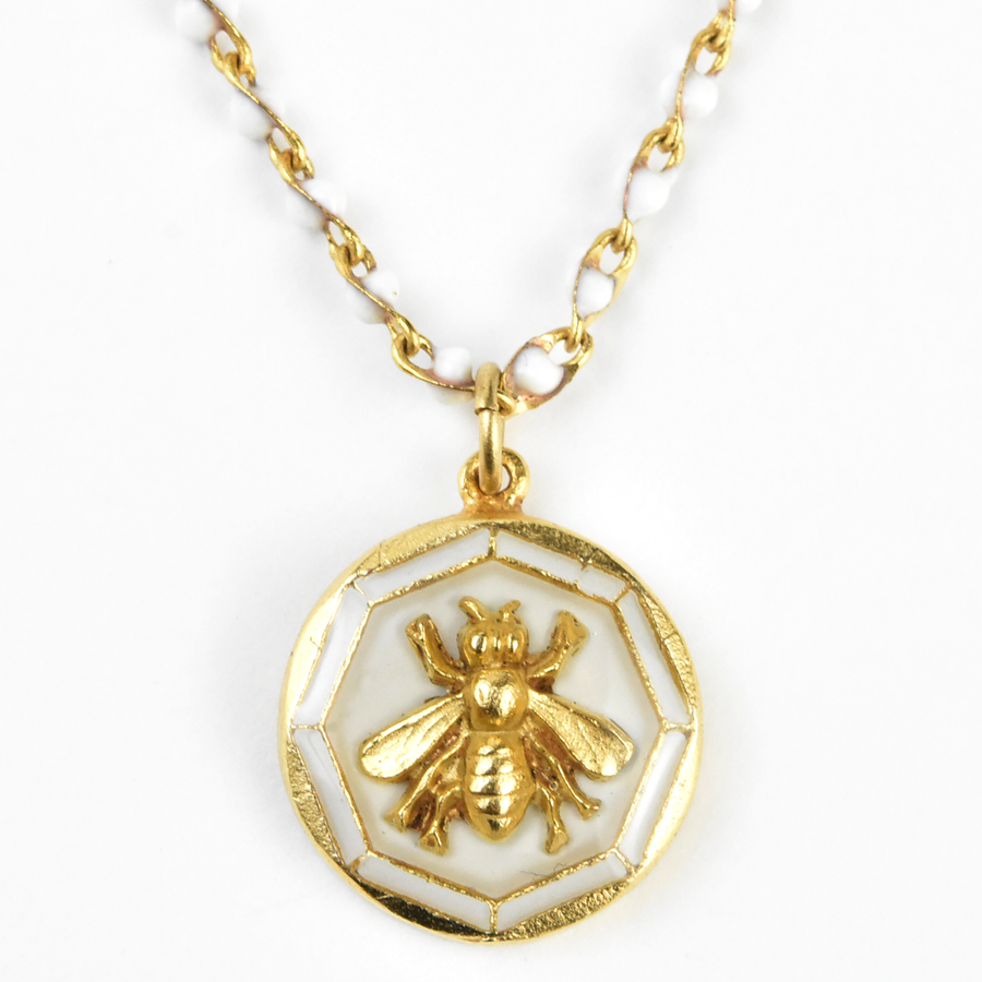 White Enamel Bee Necklace w/ Beaded Chain - Goldmakers Fine Jewelry