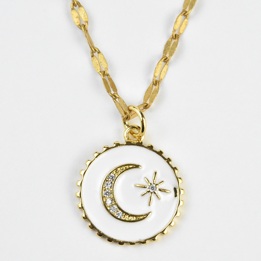 White Enamel Moon Medallion - Goldmakers Fine Jewelry