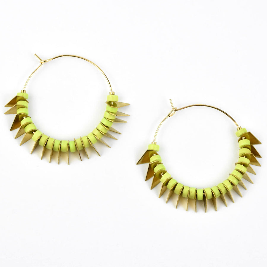 Lime Green and Brass Bead Hoop Earrings - Goldmakers Fine Jewelry