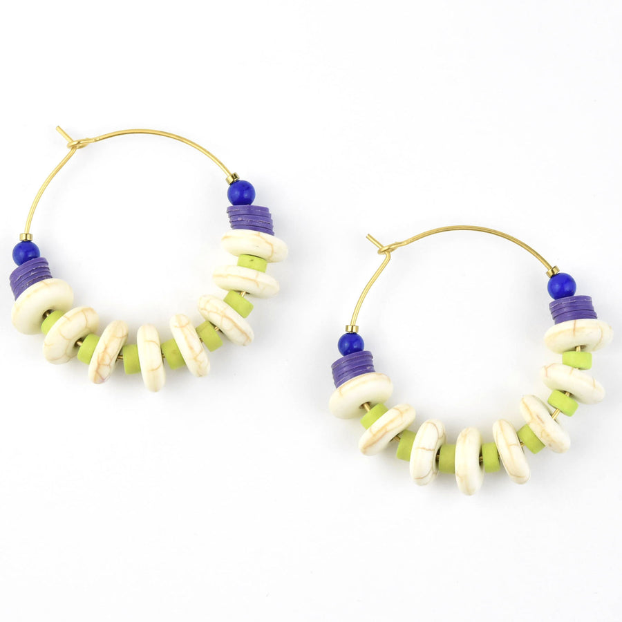 Lime Green, Blue and Whited Beaded Hoops - Goldmakers Fine Jewelry