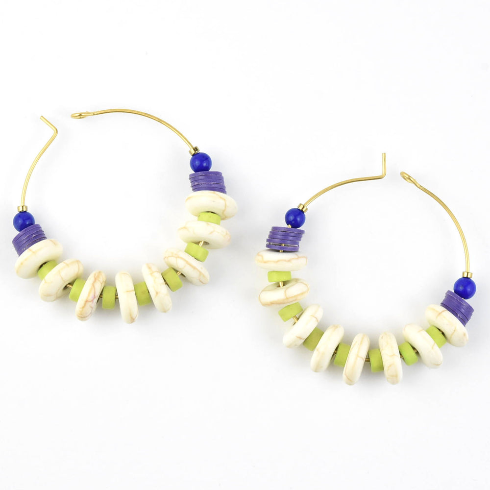 Lime Green, Blue and Whited Beaded Hoops - Goldmakers Fine Jewelry