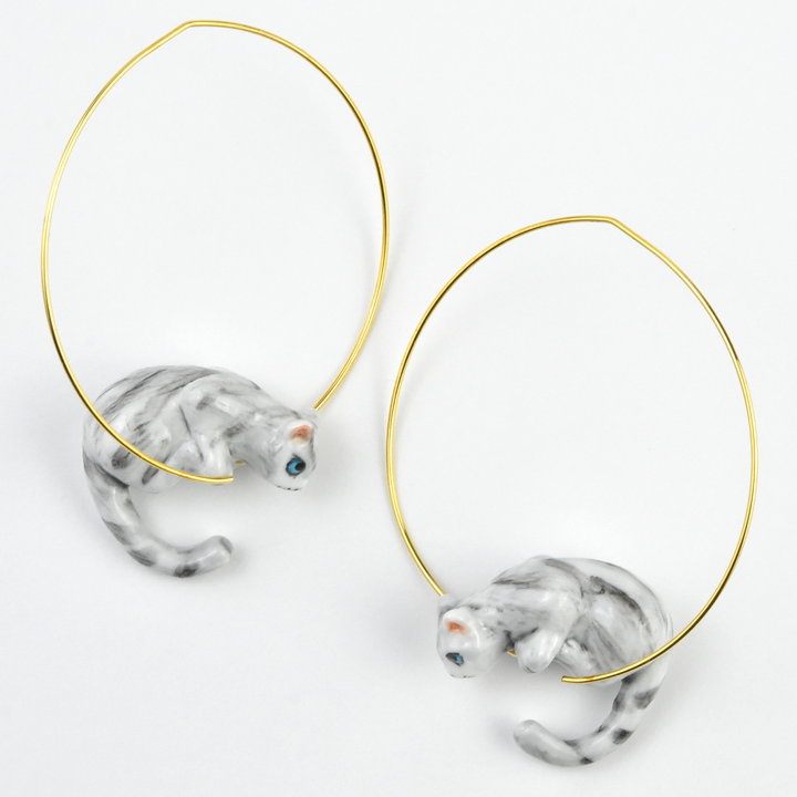 Grey Tabby Cat Hoop Earrings - Goldmakers Fine Jewelry