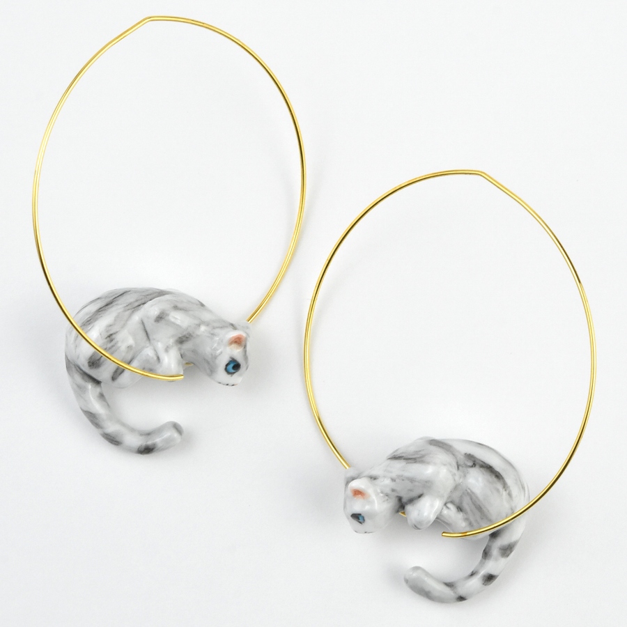 Grey Tabby Cat Hoop Earrings - Goldmakers Fine Jewelry