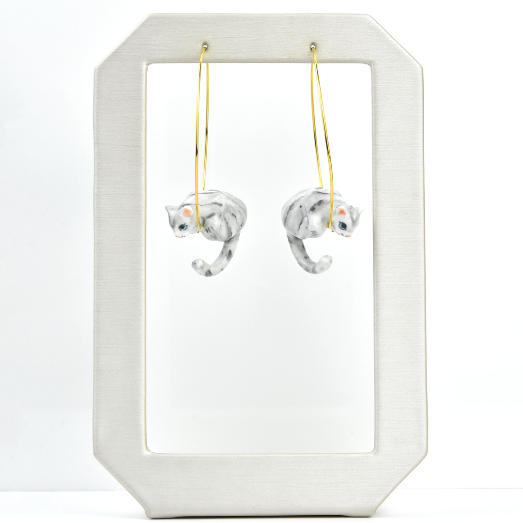 Grey Tabby Cat Hoop Earrings - Goldmakers Fine Jewelry