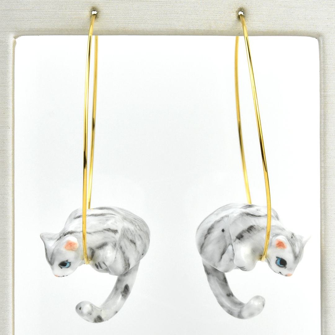 Grey Tabby Cat Hoop Earrings - Goldmakers Fine Jewelry