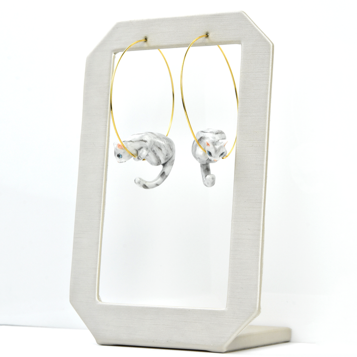 Grey Tabby Cat Hoop Earrings - Goldmakers Fine Jewelry