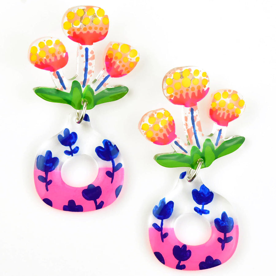 Neon Pink Flower Vase Earrings - Goldmakers Fine Jewelry