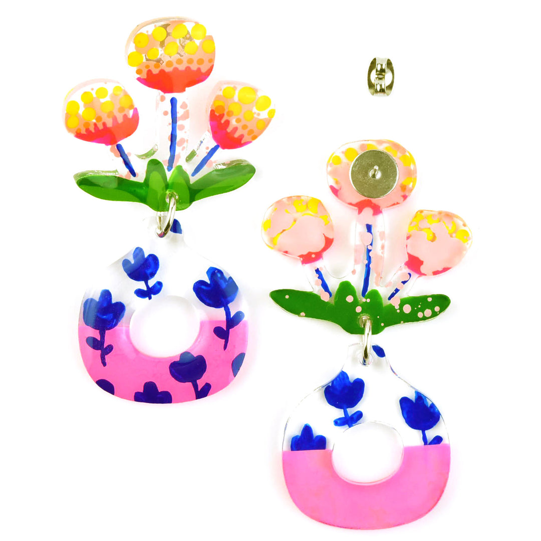 Neon Pink Flower Vase Earrings - Goldmakers Fine Jewelry