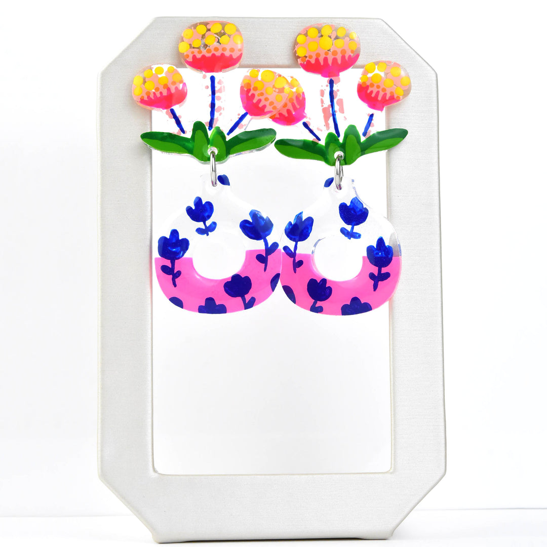 Neon Pink Flower Vase Earrings - Goldmakers Fine Jewelry