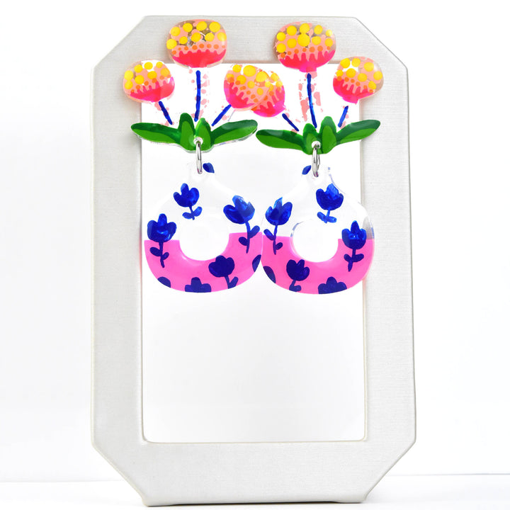 Neon Pink Flower Vase Earrings - Goldmakers Fine Jewelry