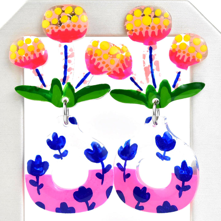 Neon Pink Flower Vase Earrings - Goldmakers Fine Jewelry