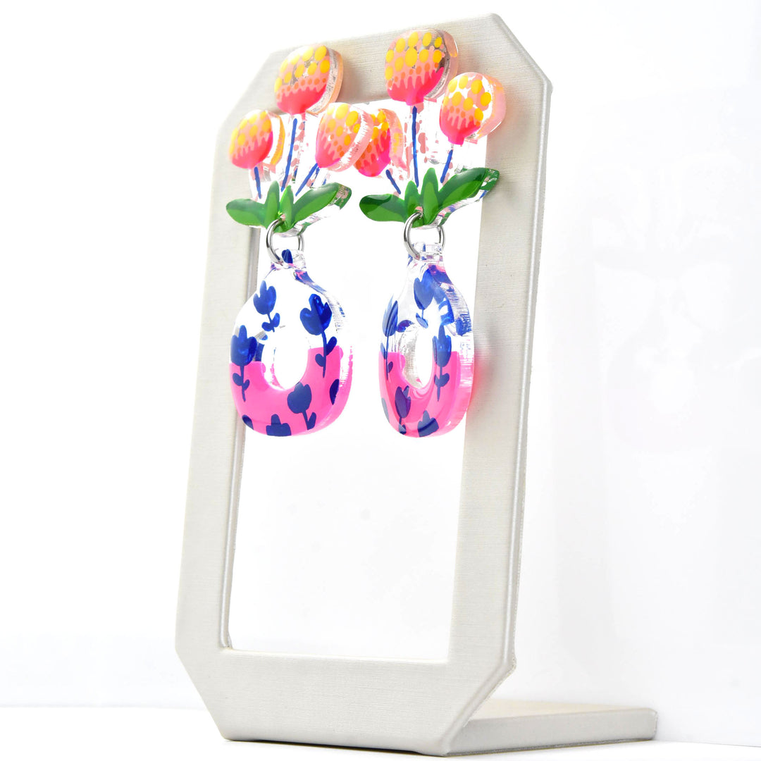 Neon Pink Flower Vase Earrings - Goldmakers Fine Jewelry