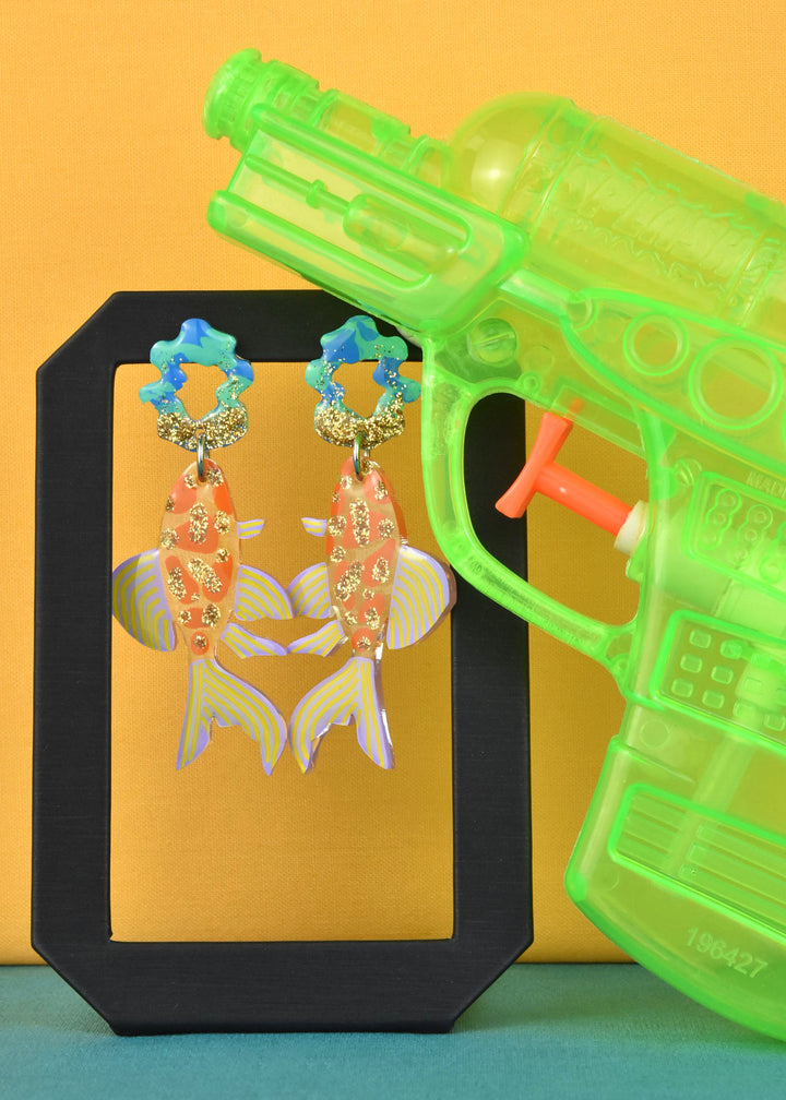 Orange Glitter Fish Earrings - Goldmakers Fine Jewelry