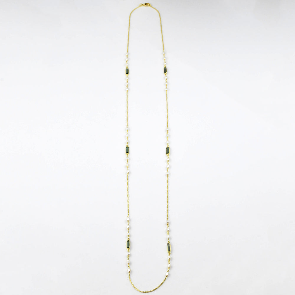 Peal and Green Tourmaline Long Necklace - Goldmakers Fine Jewelry